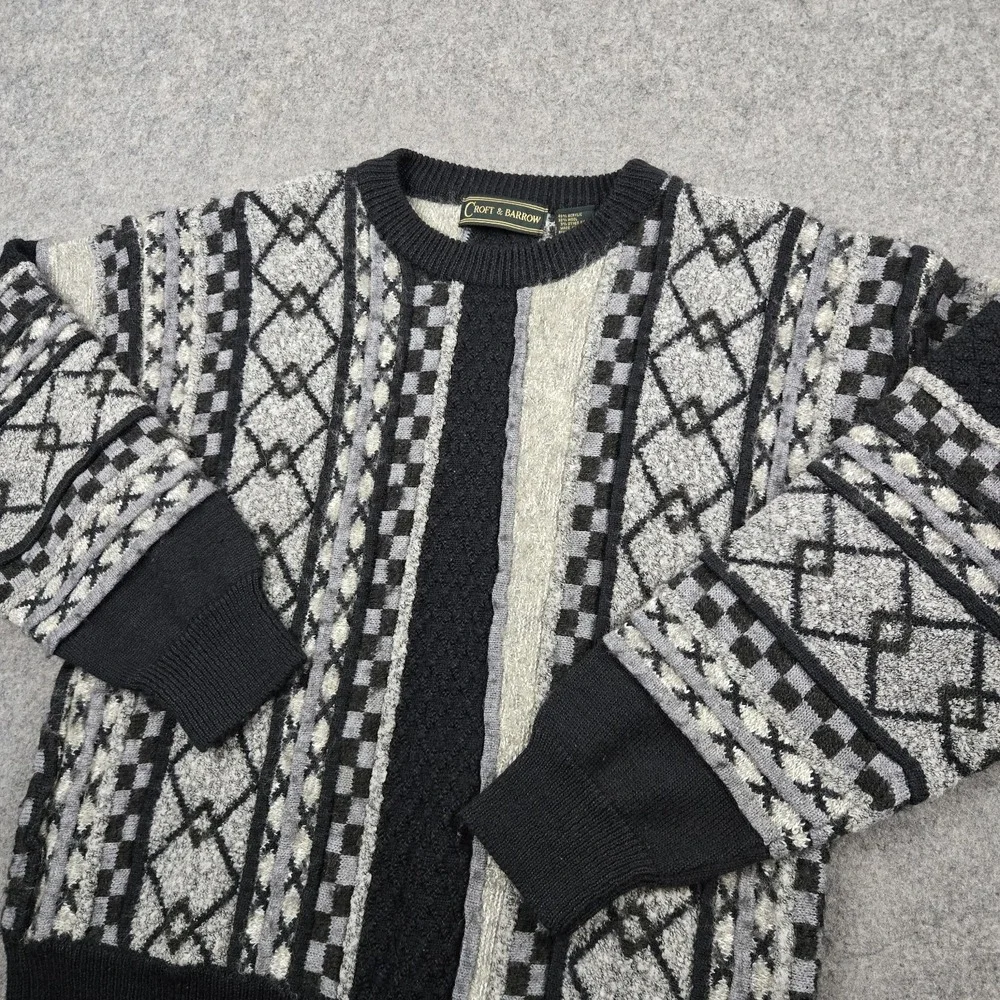 Vintage‎ Croft & Borrow Sweater Mens Large Gray Black 3D Knit 90s Sweatshirt